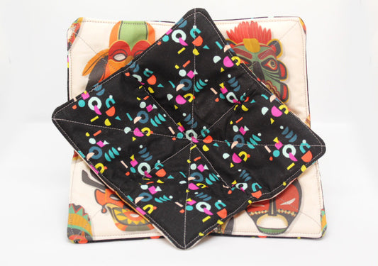 Masks of the Gods w/ Multicolor Backing Small & Large Bowl Cozy Set